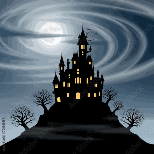 A spooky haunted castle silhouetted against a full moon and a swirling night sky.