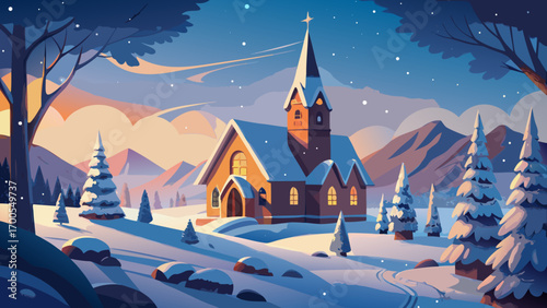 A cozy winter landscape with a church and houses blanketed in snow under a starry night sky