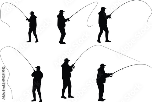 Fishing silhouette illustration set featuring casting poses, reeling gestures, and outdoor attire for recreation, education, and merch design