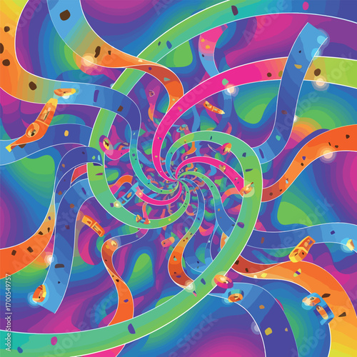 Vibrant abstract spiral with colorful ribbons and geometric elements, patern seamless, Stock royalty image.