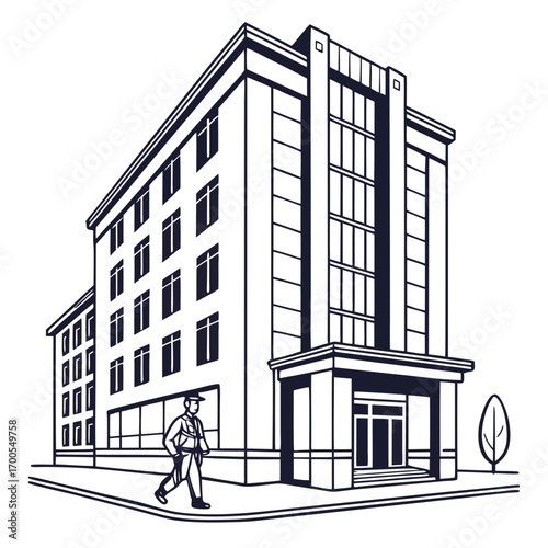 Modern building with a person walking on the sidewalk and a lone tree outside