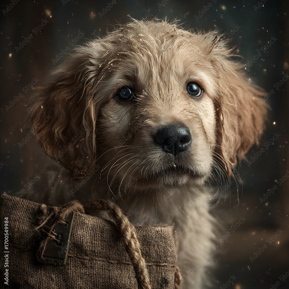 Obraz premium Adorable golden retriever puppy peeking out of a burlap sack with gentle eyes and a hopeful gaze.
