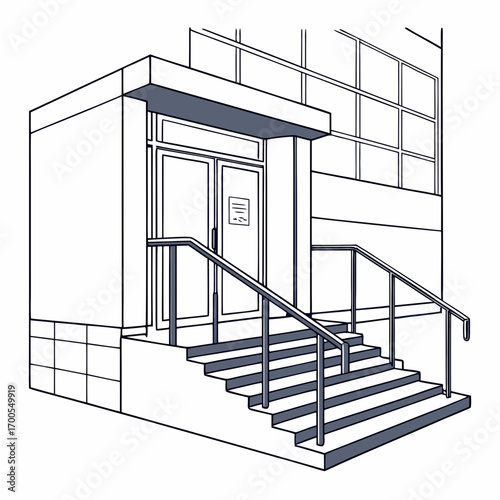 Modern building entrance with stairs and double doors featuring a contemporary architectural design