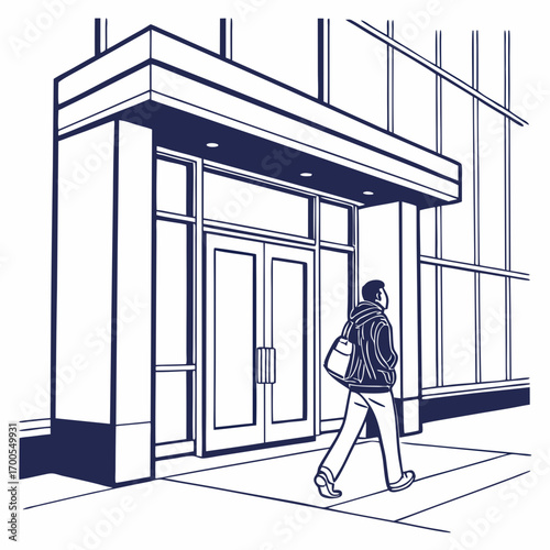 Man wearing a jacket and carrying a bag walks past a modern building entrance with glass doors