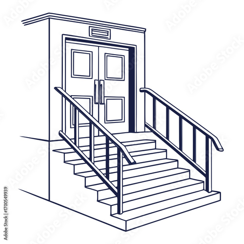 Entrance with double doors and staircase leading up to the building exterior