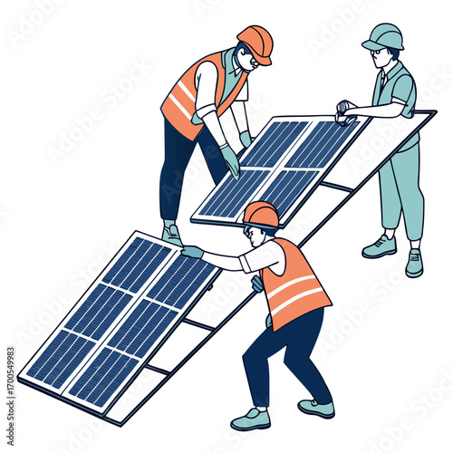 Three construction workers in safety vests and hard hats installing solar panels on a metal frame