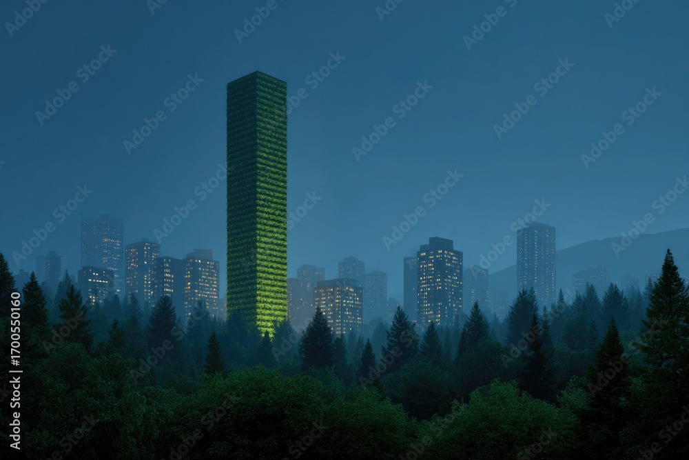 Obraz premium Tall green skyscraper stands amidst foggy forest, glowing softly