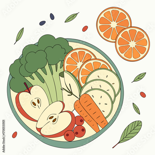 A vibrant illustration of a healthy food bowl filled with fresh fruits and vegetables for a balanced diet