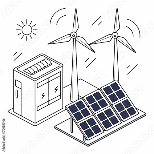 Clean energy concept illustration showing solar panels wind turbines and a power station under the sun