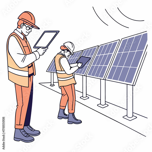 Two engineers in hard hats and safety vests inspect solar panels using tablets on a sunny day