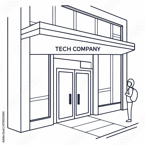 Modern tech company building entrance with a person standing outside holding a phone