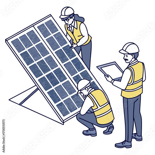 Three construction workers in hard hats and vests installing a large solar panel system outdoors