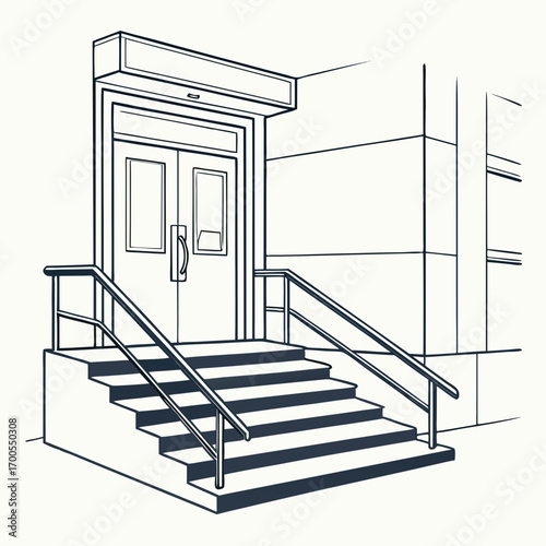Architectural line drawing of a building entrance with double doors and outdoor staircase with handrails