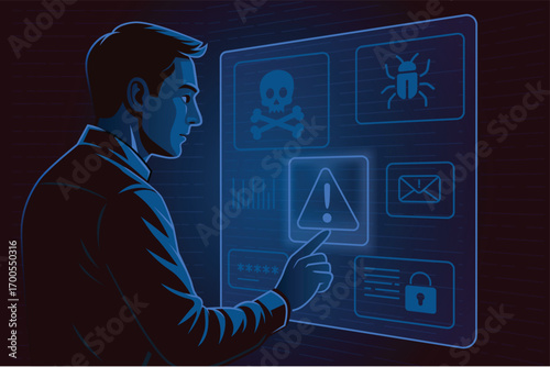Man interacting with a holographic touchscreen interface in blue color. Concept of cyber attack, malware, data breach, system hacking, virus, spyware, compromised information and urgent attention.