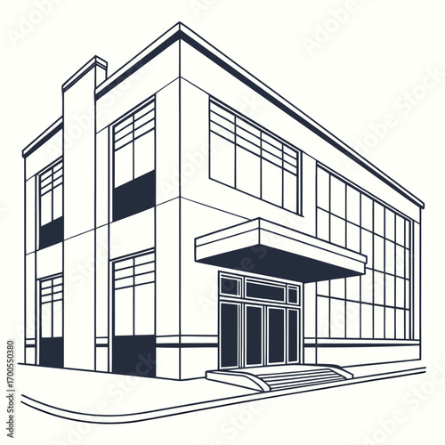 Modern art deco building exterior with clean lines and large windows on a white background