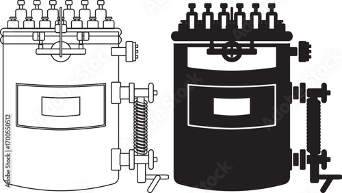 Electric boiler vector in outline and black silhouette style, industrial heating system illustration for power plant, energy, mechanical engineering, thermal process, and factory equipment design.