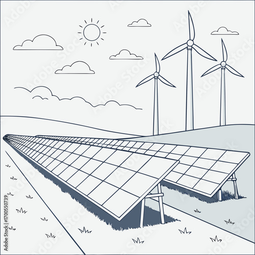 Modern renewable energy farm featuring a long row of solar panels and wind turbines under a sunny sky with clouds