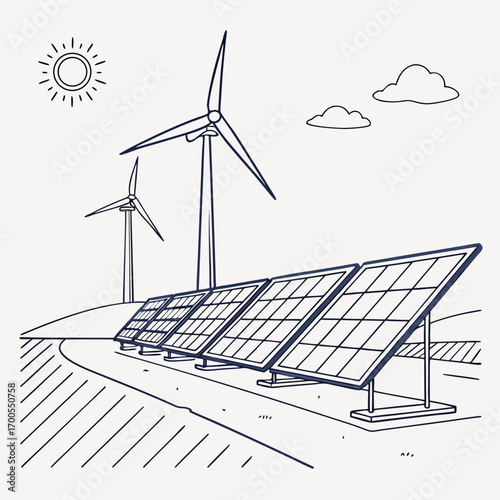 Clean energy landscape with solar panels and wind turbines under a bright sun and clouds