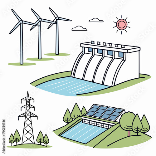 Diverse renewable energy sources including wind turbines hydroelectric dam solar panels and power lines