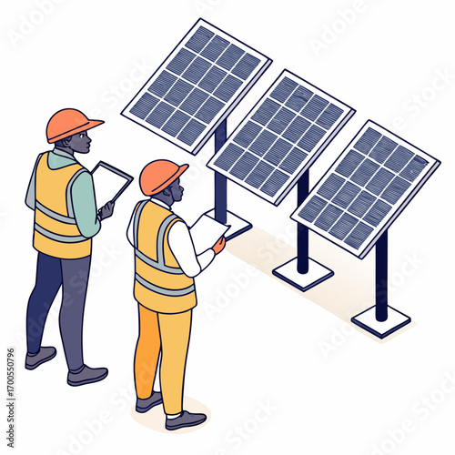 Two technicians wearing hard hats and safety vests inspect solar panels holding clipboards with documents