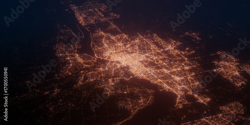 Fototapeta Naklejka Na Ścianę i Meble -  Ottawa (Canada) night view with street lights. Aerial shot from space. perspective view heading east, . 3d render, Illustration