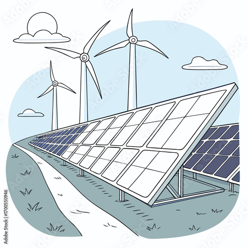 Clean energy farm with solar panels and wind turbines under a cloudy sky