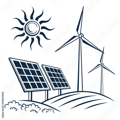 Stylized illustration of solar panels and wind turbines under a bright sun representing renewable energy sources