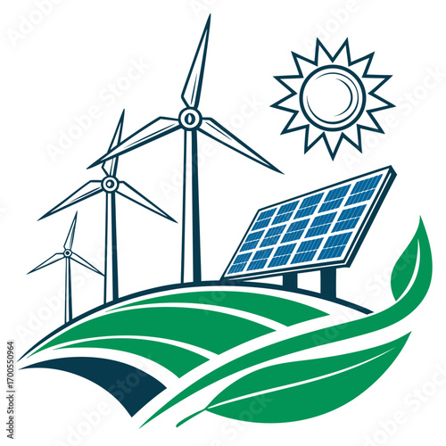 Renewable energy landscape with wind turbines solar panel sun and stylized green leaves on rolling hills