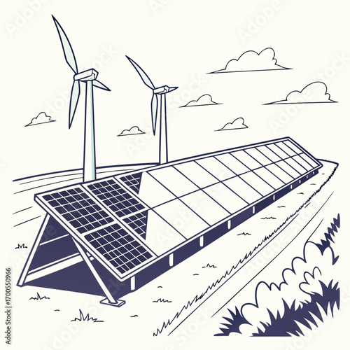 Modern renewable energy farm featuring solar panels and wind turbines under a cloudy sky