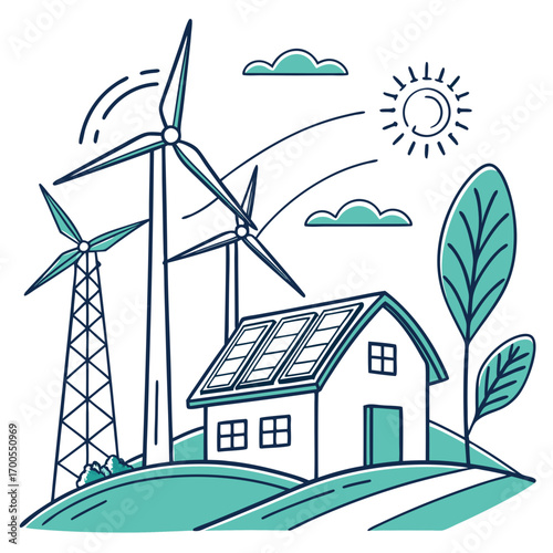Sustainable energy house with solar panels and wind turbines on a hill under the sun and clouds