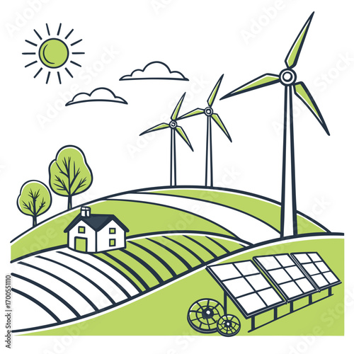 Sustainable rural landscape with wind turbines solar panels and a house powered by clean energy