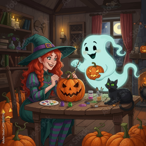A friendly witch, a cute ghost, and a black cat happily carving and painting pumpkins for Halloween.