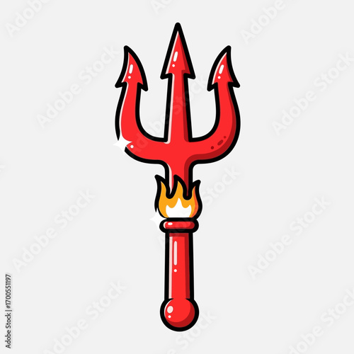 A vibrant red cartoon devil's trident with a small flame burning at the base of the prongs.