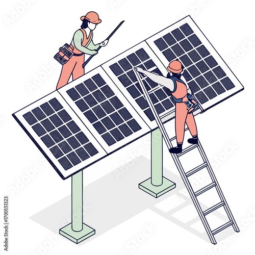 Two workers in hard hats and safety vests installing solar panels on a sunny day
