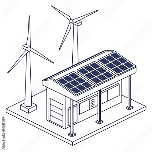 Modern building with solar panels on the roof and wind turbines in the background illustrating renewable energy sources