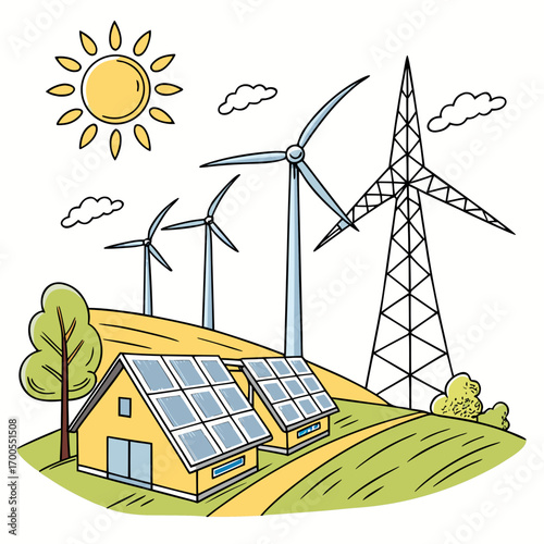 Sustainable energy sources including solar panels and wind turbines powering houses in a green landscape