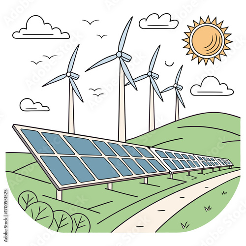 Renewable energy landscape featuring solar panels and wind turbines under a sunny sky with clouds and birds