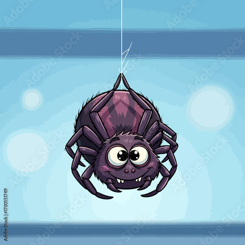 A cute purple cartoon spider with big friendly eyes hanging upside down from a single strand of web against a blurry blue background.