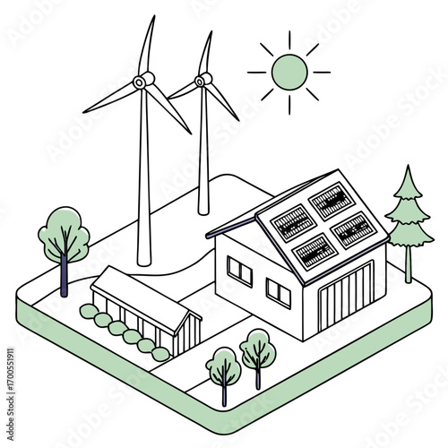 Sustainable energy powered house with solar panels and wind turbines surrounded by trees and greenery