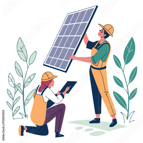 Two workers in hard hats and overalls installing a solar panel surrounded by stylized green plants