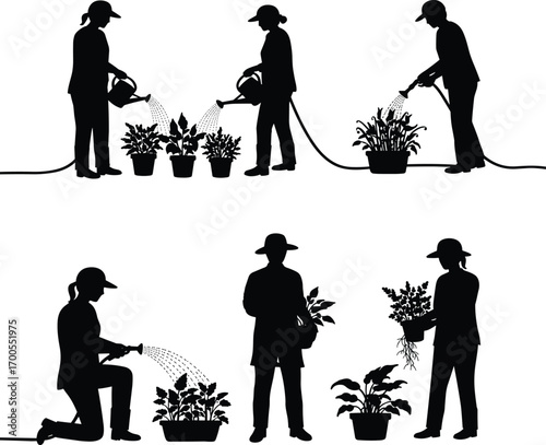 Gardening silhouette set featuring watering, planting, and harvesting poses for outdoor lifestyle, nature care, education, and merch design