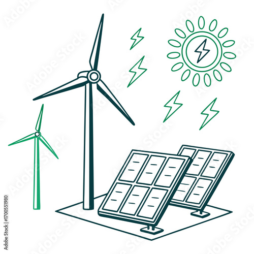 Clean energy concept with wind turbines solar panels and sun illustration representing renewable power generation