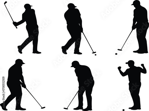 Golf swing silhouette set featuring dynamic poses, club motion, and ball placement for sports technique, education, and merch design
