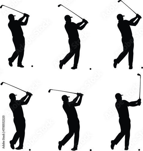 Golf swing silhouette set featuring dynamic poses, ball contact points, and athletic motion for sports design, education, and merch