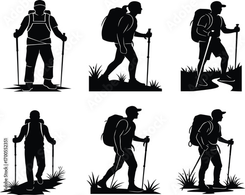 Hiking silhouette illustration set, backpack trekking poses, outdoor adventure icons, nature trail vector, walking stick scenes, minimal style, lifestyle