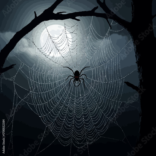A spooky spider with glowing red eyes sits in its dewy web at night under a full moon.