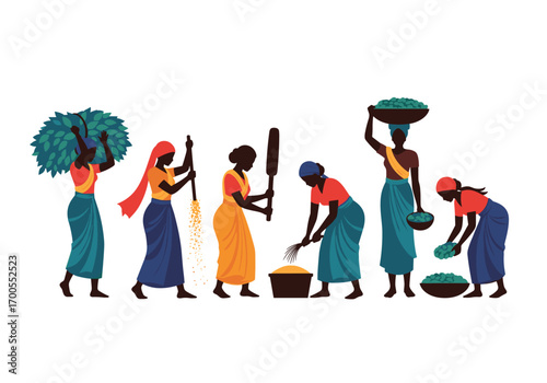 Diverse women engaged in traditional agricultural tasks and food preparation activities