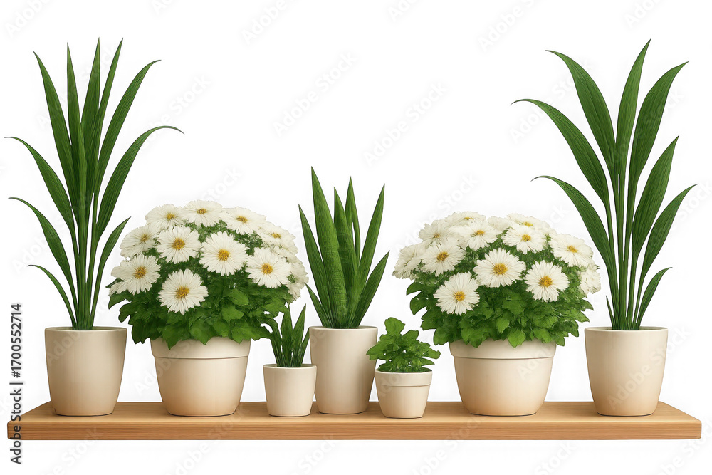 Obraz premium Beautiful arrangement of various potted plants and flowers for home decor transparent background