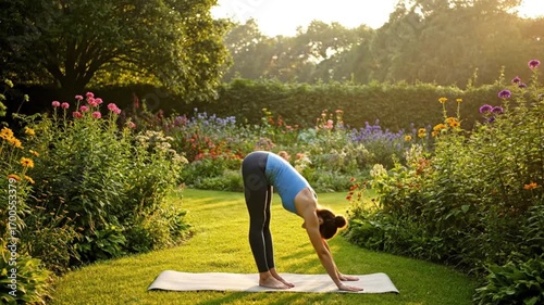 Dynamic yoga flow in lush garden at sunrise, woman finds inner peace through mindful movement and nature's beauty