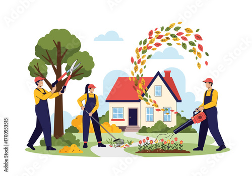 Seasonal home maintenance team performing yard work around a house